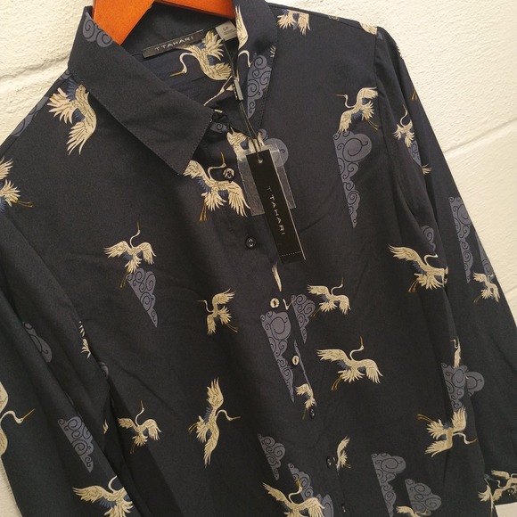 T Tahari Tops - T Tahari Women's SMALL Navy Blue Shirt Collared Long Sleeve Button Up Bird Print